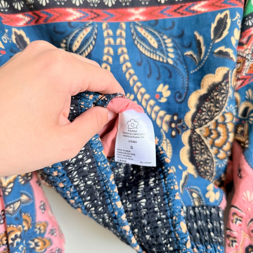 Farm Rio for Anthropologie Deep-V PuffSleeve Top Boho Print Smocked Blouse Small - Picture 7 of 8